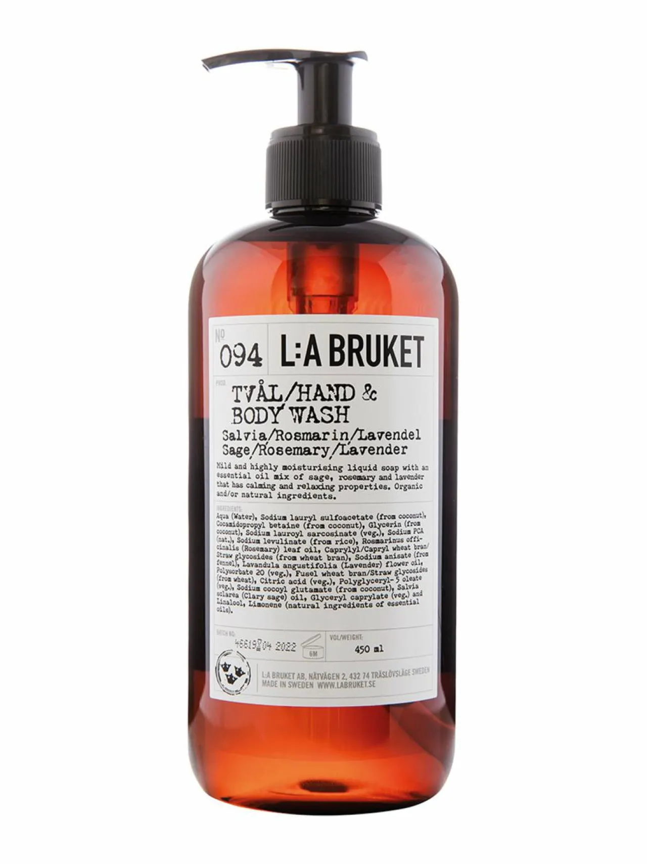 Vartalonhoito<L:A Bruket № 94 Sage & Rosemary & Lavender Hand & Body Wash -nestesaippua 450 ml