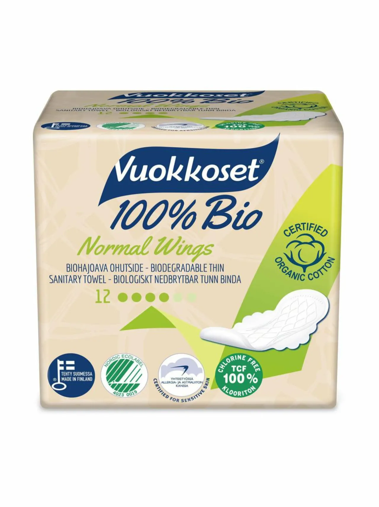 Intiimituotteet<Vuokkoset Bio Normal Wings -terveysside 12 kpl