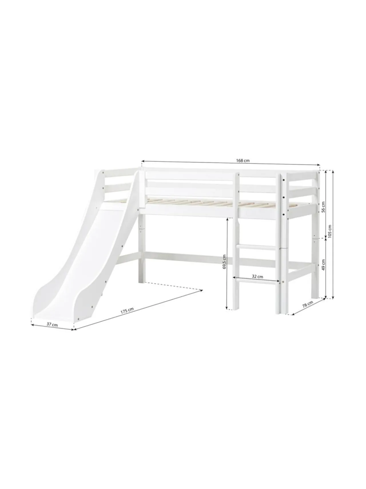 Hoppekids ECO Dream puolikorkea sänky 70x160cm liukumäellä, valkoinen^ Lasten Kalusteet