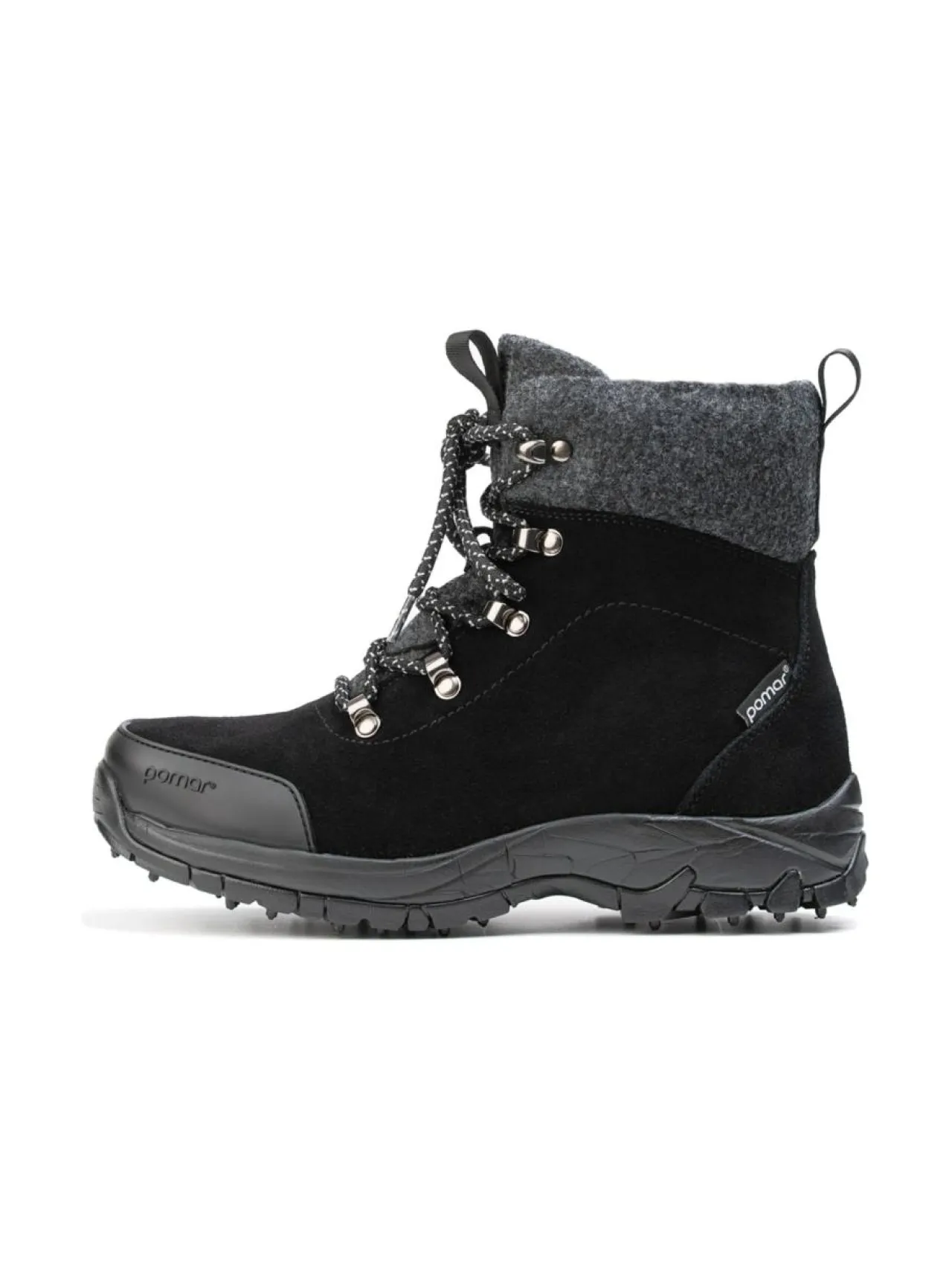 Nilkkurit<Pomar JALAVA Naisten nilkkurit nastapohjalla BLACK SUEDE/GRANIT FELT/SPIKE