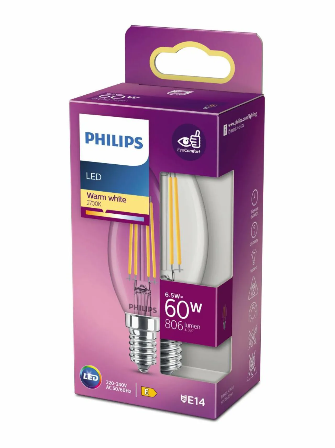Lamput<Philips LED Candle 60W E14 Warm -kynttilälamppu WHITE