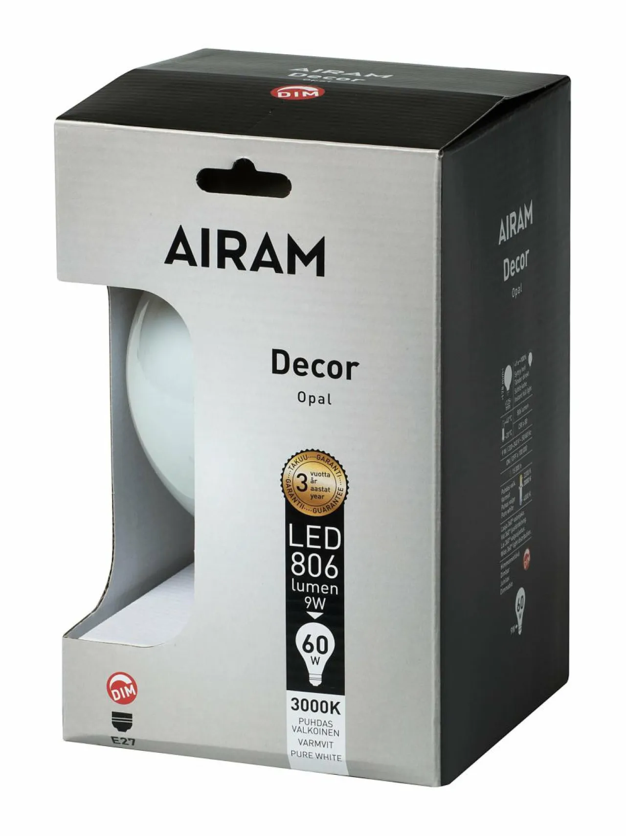 Lamput<Airam LED Decor FG G120 9W/830 E27 DIM BX -lamppu VALKOINEN