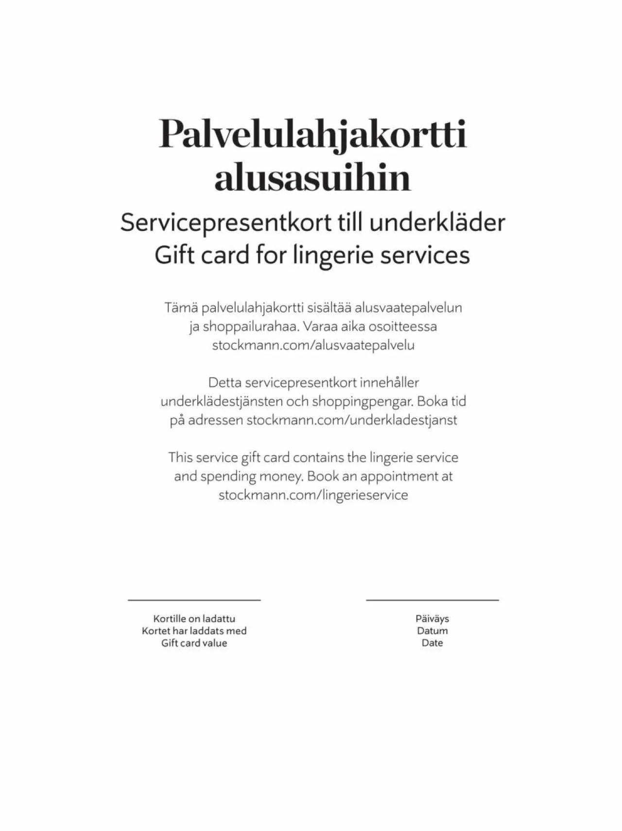 Stockmann Palvelulahjakortti alusasuihin^ Lahjakortit
