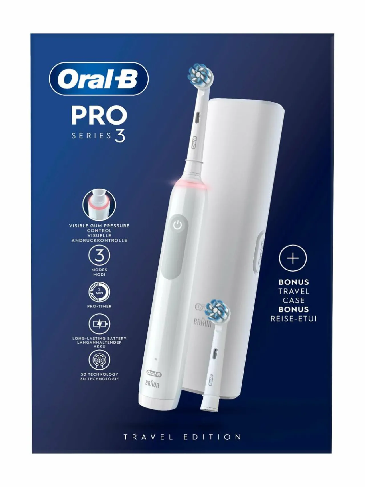 Hampaidenhoito<Oral-B PRO3- sähköhammasharja + matkakotelo WHITE