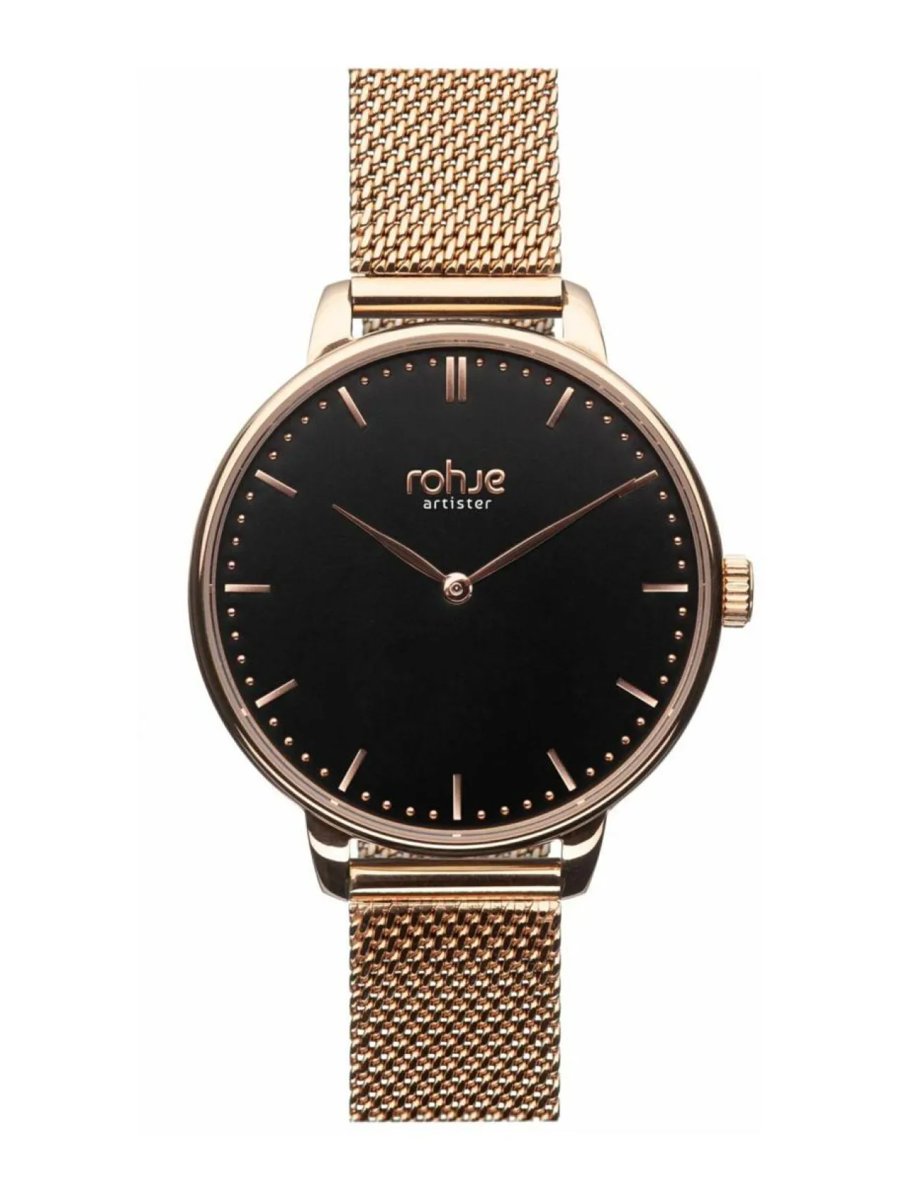 Kellot<Rohje Artister Classic Black-rannekello, teräsrannekke RUUSUKULTA/MUSTA