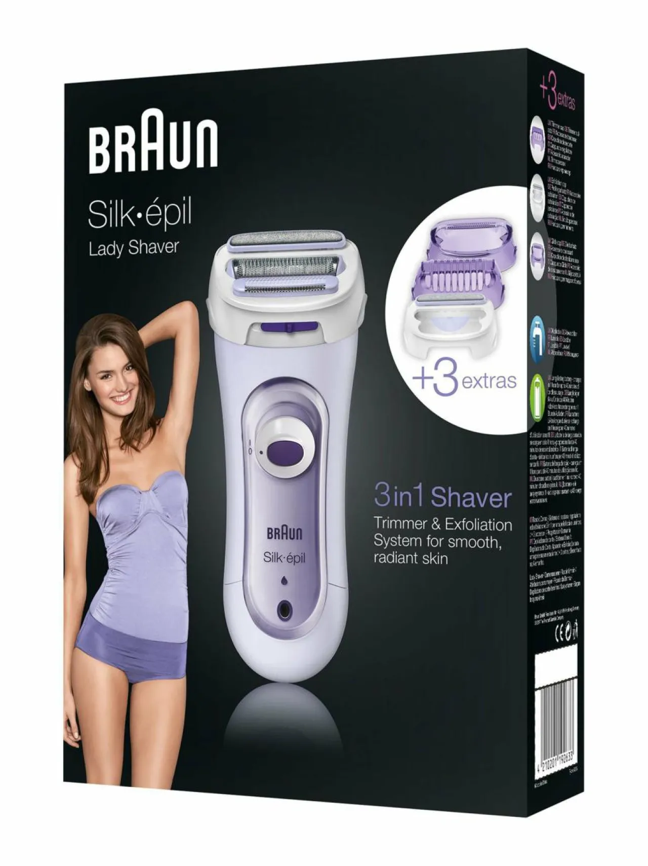 Ihokarvanpoisto<Braun Silk-épil Lady Shaver 5-560 3-in-1 -ladyshaver, trimmeri ja kuorintajärjestelmä LILA